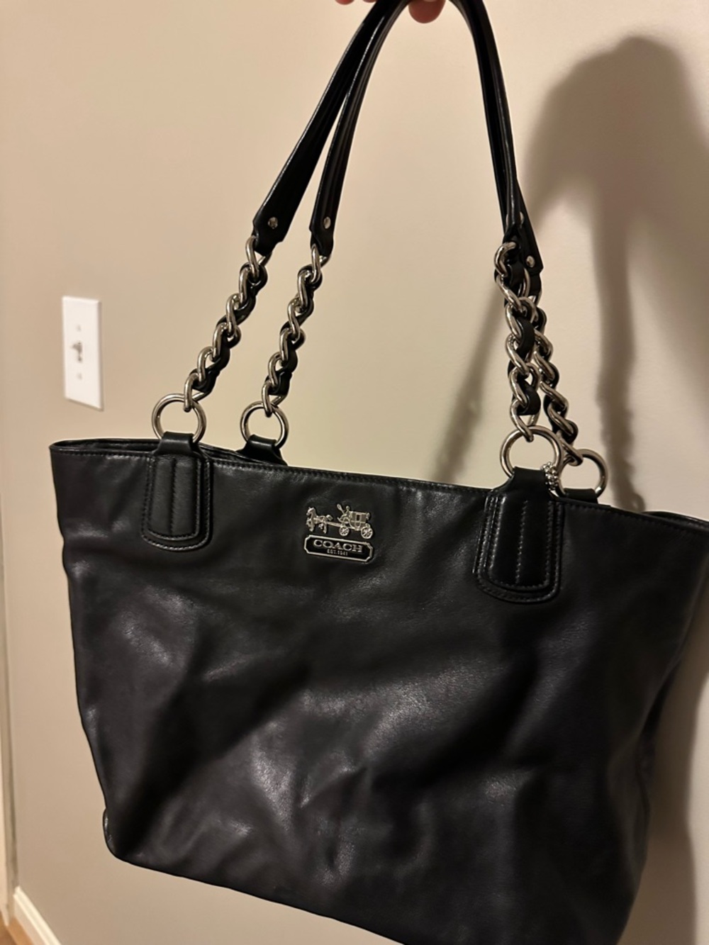 Coach Black Leather Tote with Chain-Strap Handles